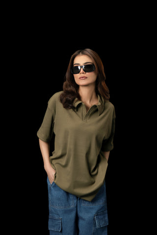 UNISEX OLIVE GREEN KNTTED POLO SHIRT
