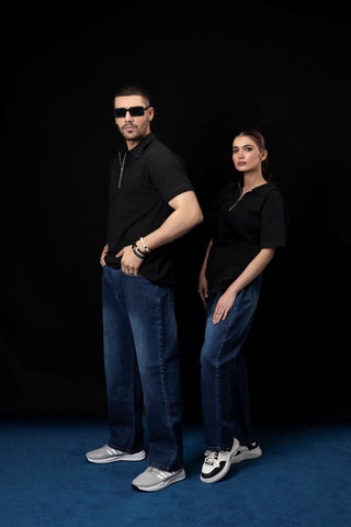 UNISEX BLACK BOXY KNTTED POLO SHIRT