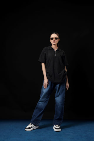 UNISEX BLACK BOXY KNTTED POLO SHIRT