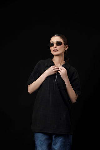 UNISEX BLACK BOXY KNTTED POLO SHIRT