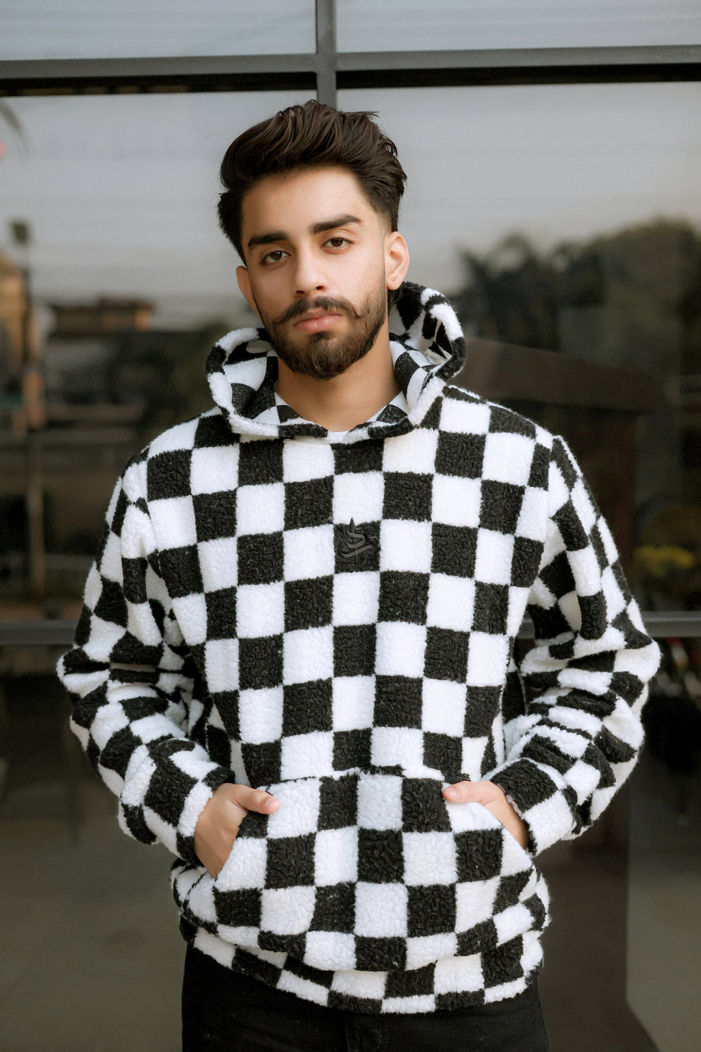 Imported Royal Sherpa Sheep Skin Embroidered Classic B&W Baggy Hoodie🔥