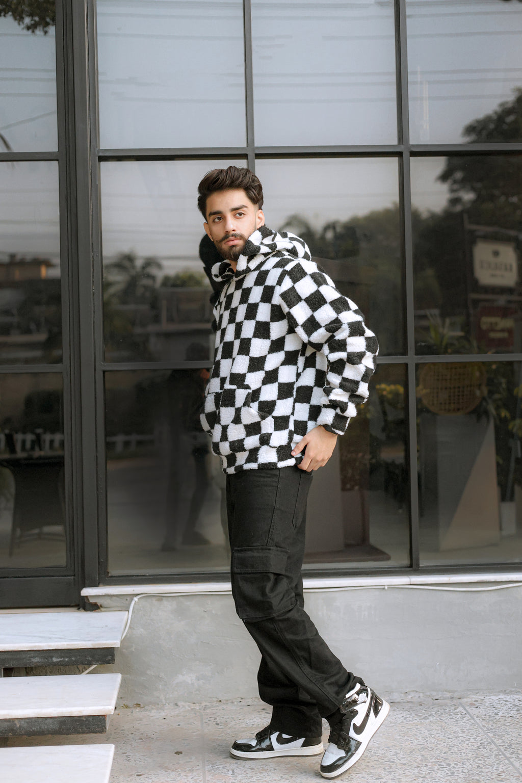 Imported Royal Sherpa Sheep Skin Embroidered Classic B&W Baggy Hoodie🔥