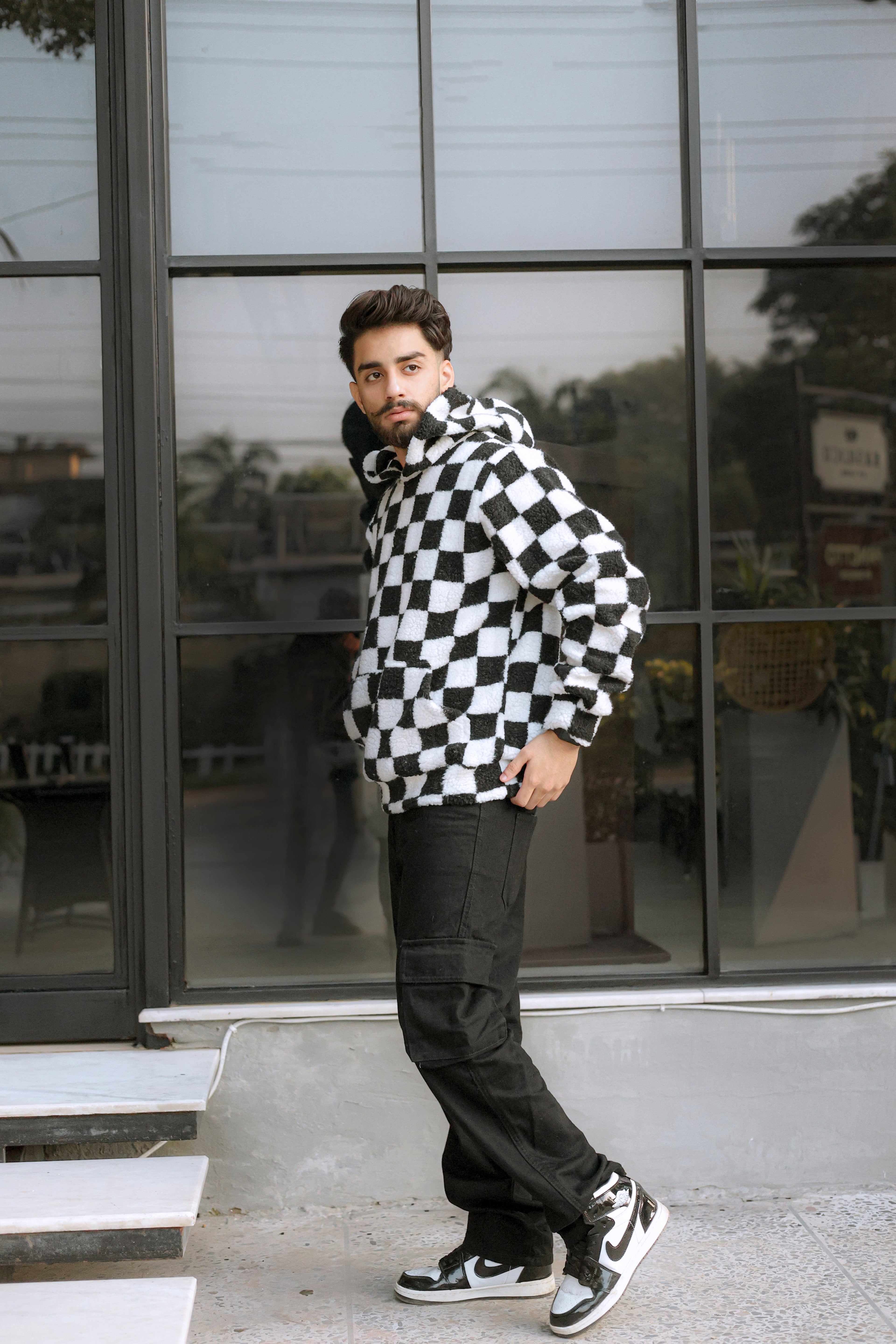 Imported Royal Sherpa Sheep Skin Embroidered Classic B&W Baggy Hoodie🔥