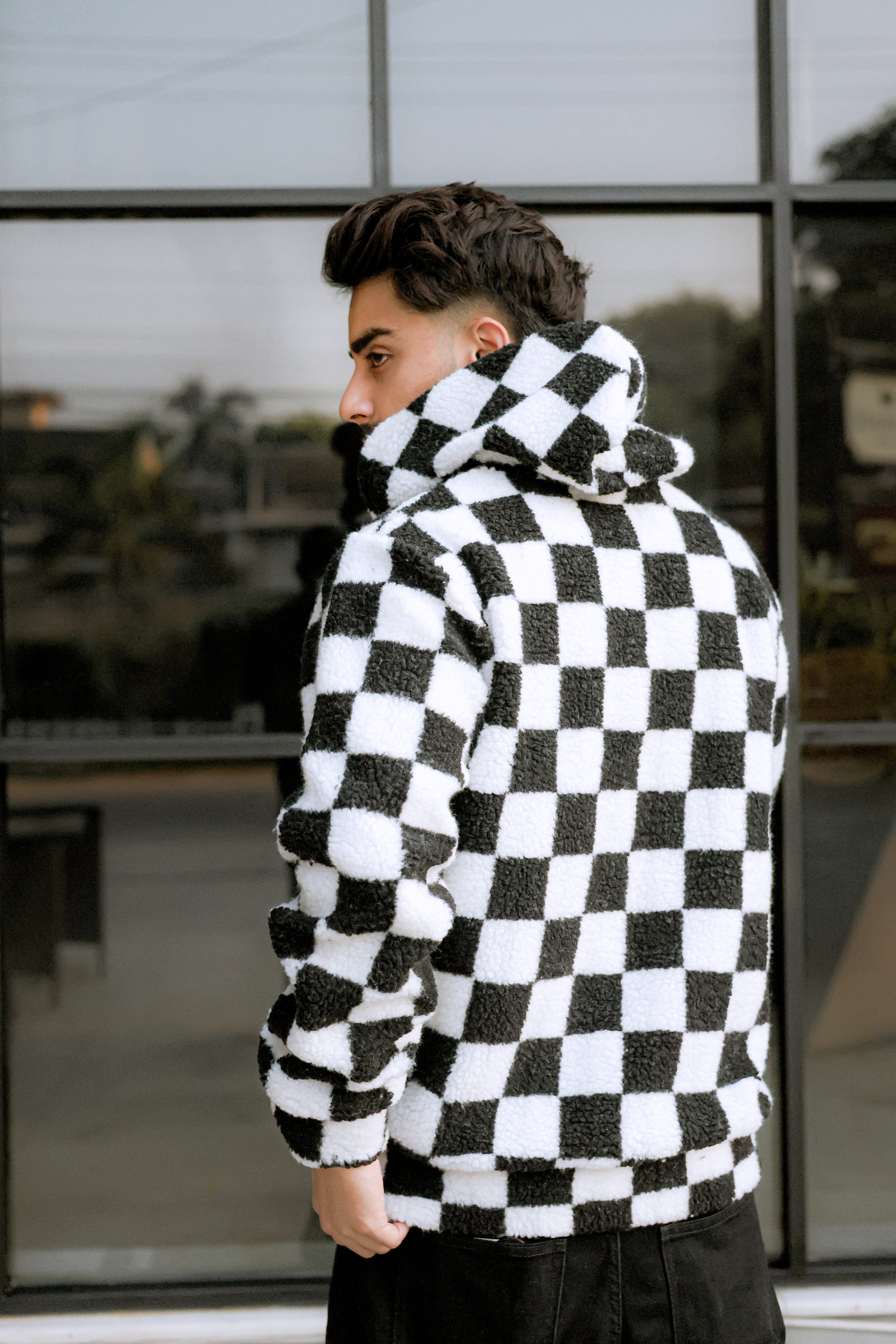 Imported Royal Sherpa Sheep Skin Embroidered Classic B&W Baggy Hoodie🔥