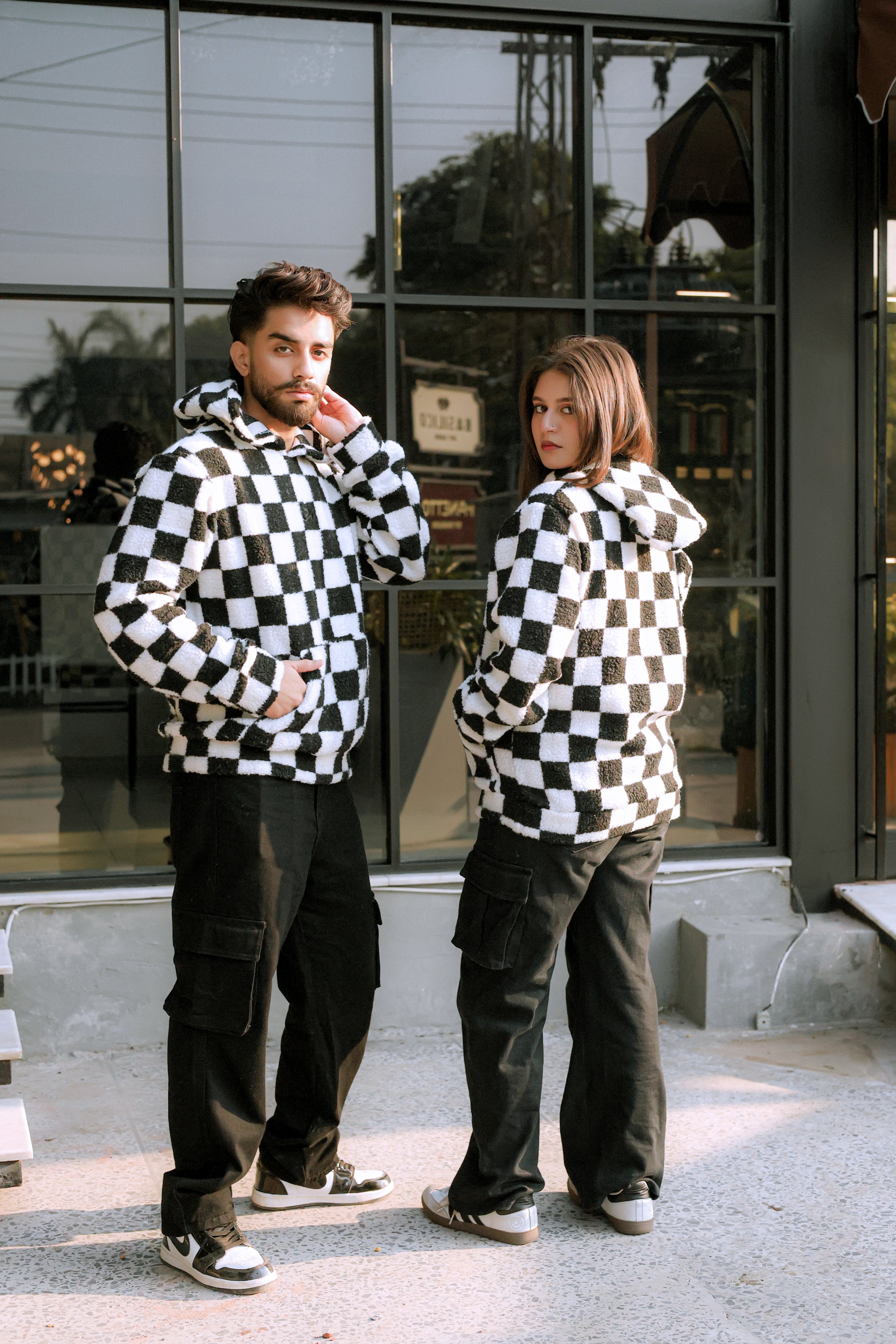 Imported Royal Sherpa Sheep Skin Embroidered Classic B&W Baggy Hoodie🔥 Main image