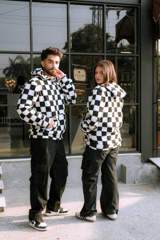 Imported Royal Sherpa Sheep Skin Embroidered Classic B&W Baggy Hoodie🔥