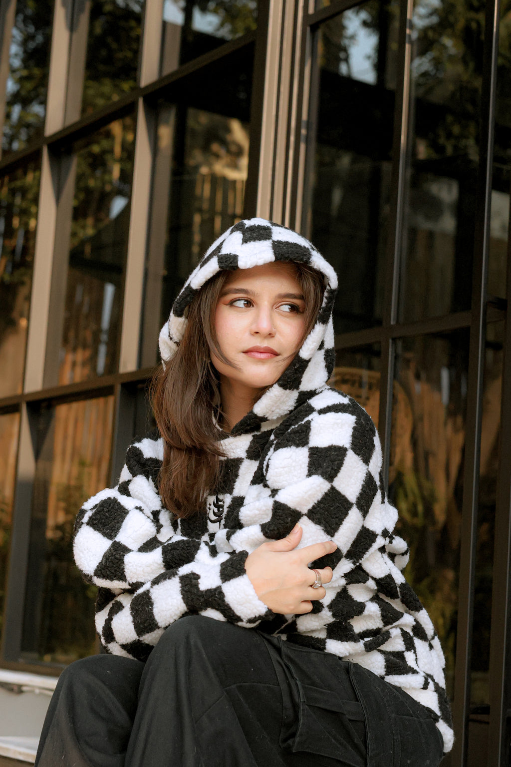 Imported Royal Sherpa Sheep Skin Embroidered Classic B&W Baggy Hoodie🔥