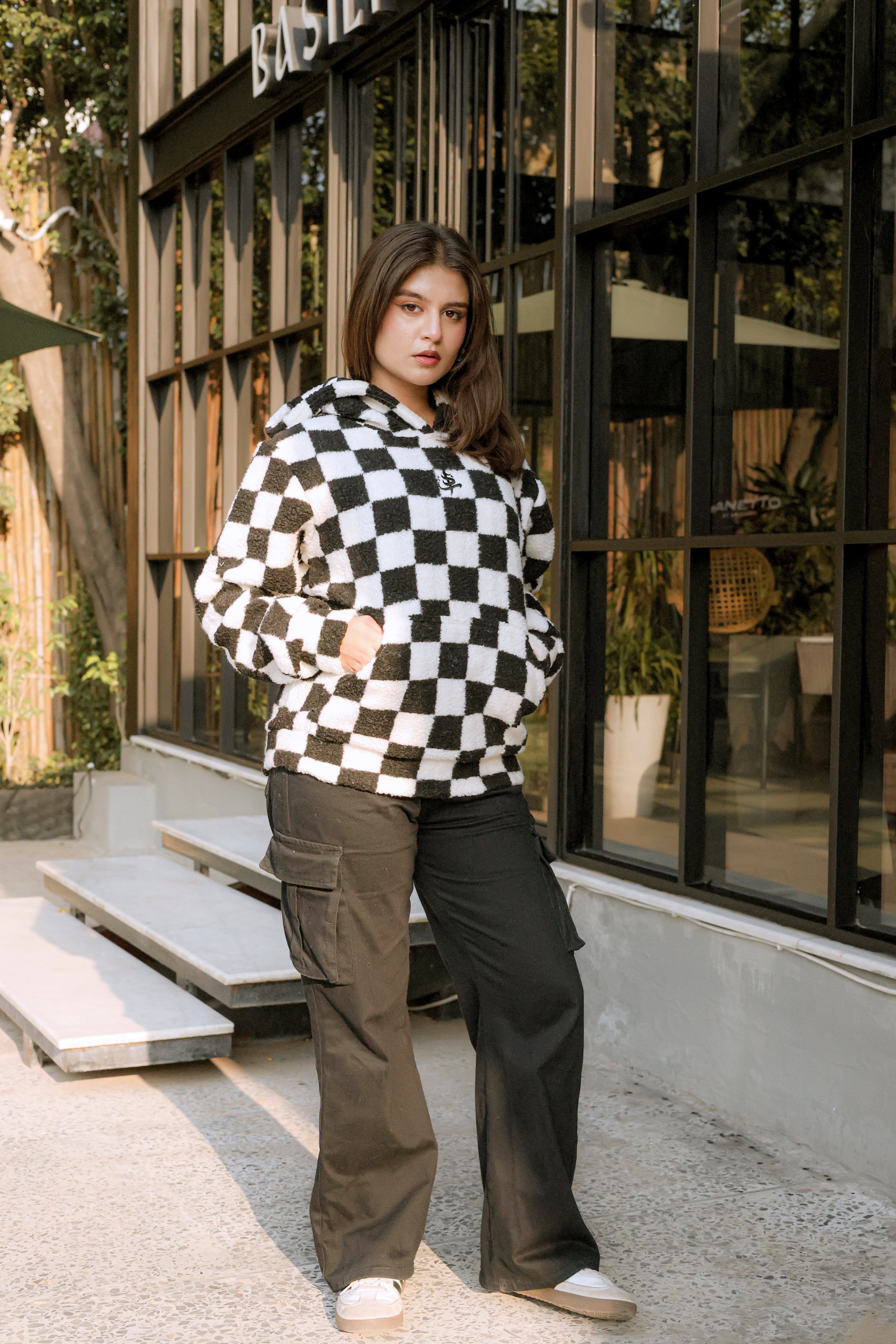 Imported Royal Sherpa Sheep Skin Embroidered Classic B&W Baggy Hoodie🔥