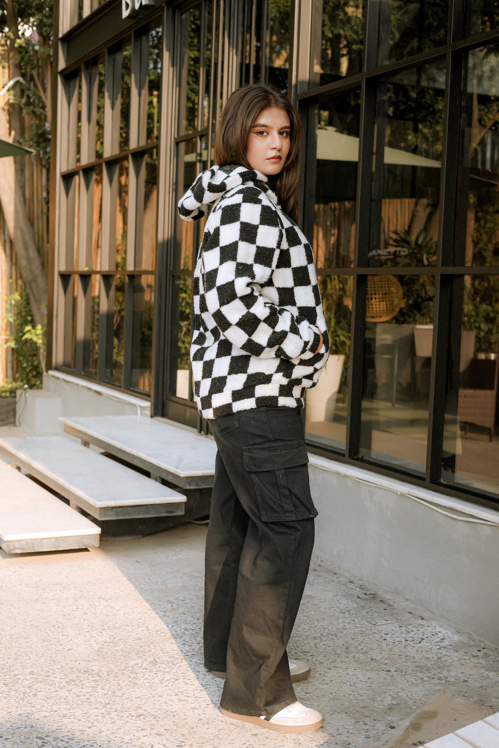 Imported Royal Sherpa Sheep Skin Embroidered Classic B&W Baggy Hoodie🔥