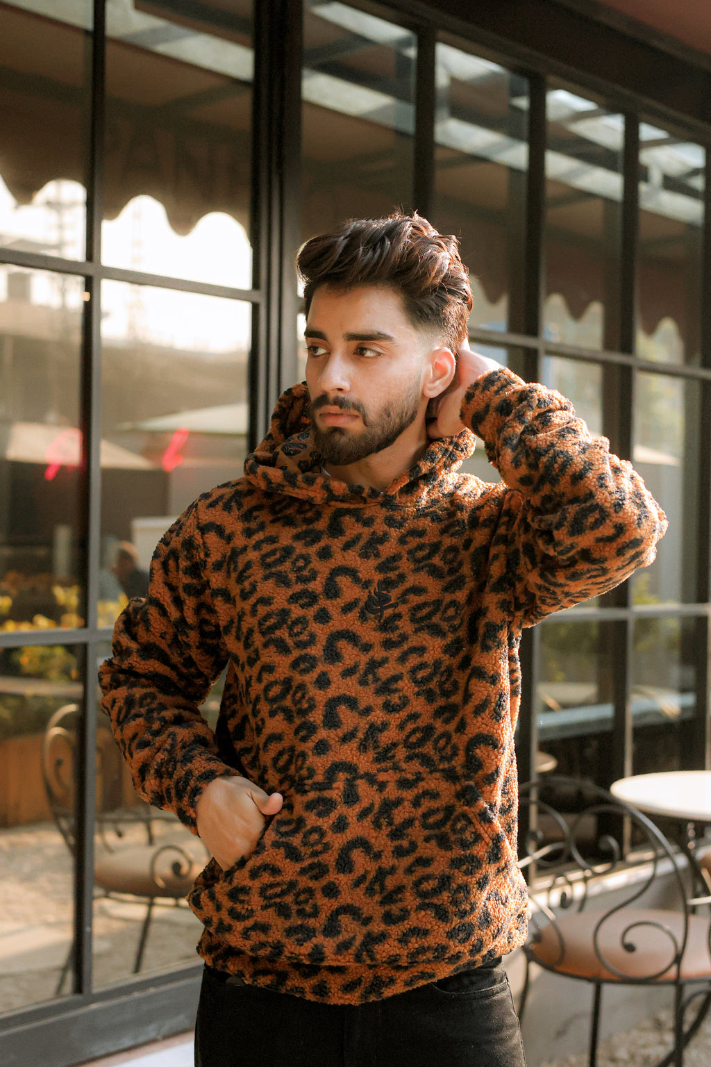 Imported Royal Sherpa Sheep Skin Embroidered Brown Leopard Baggy Hoodie🔥