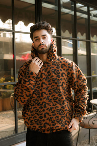 Imported Royal Sherpa Sheep Skin Embroidered Brown Leopard Baggy Hoodie🔥