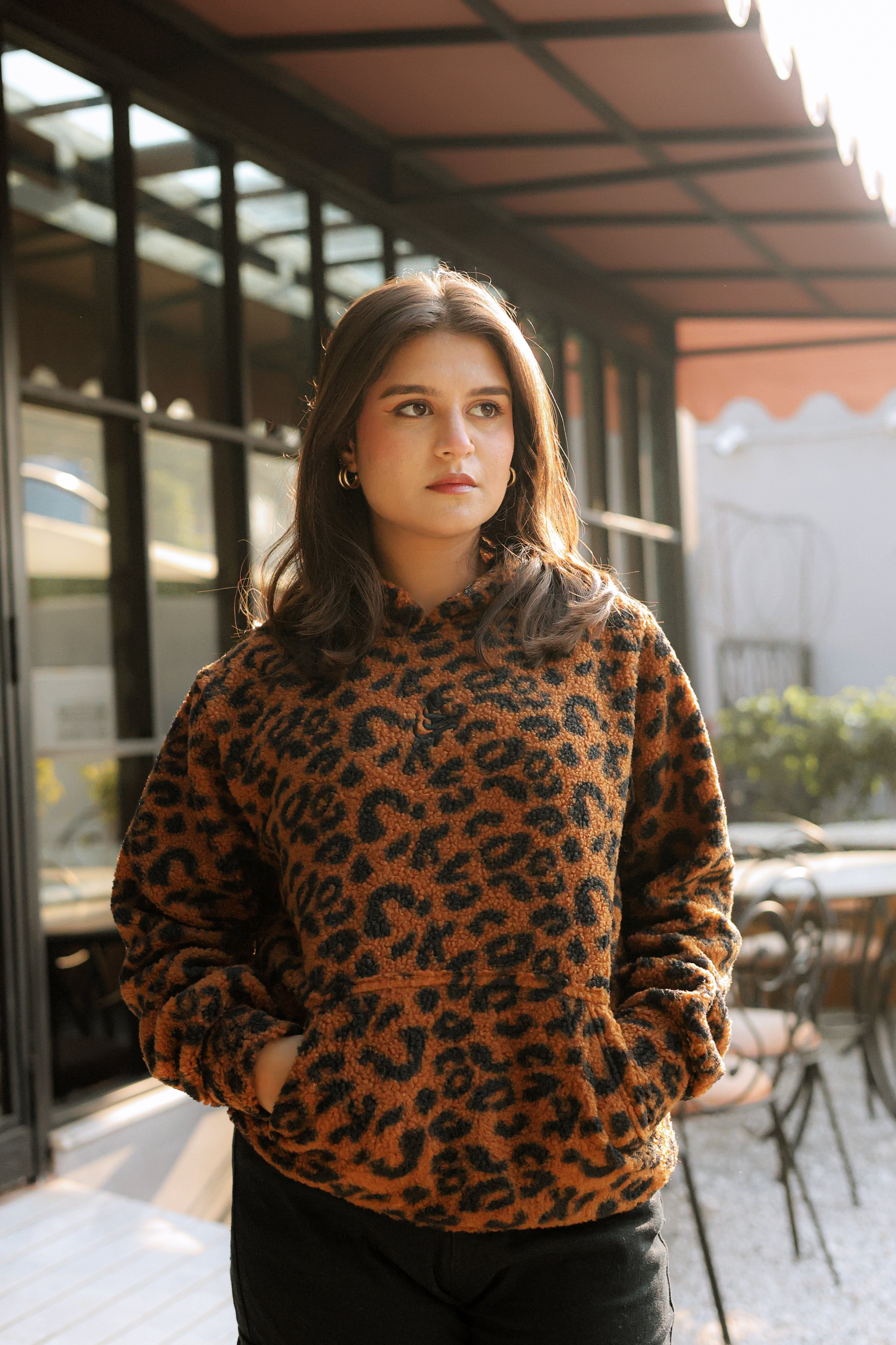 Imported Royal Sherpa Sheep Skin Embroidered Brown Leopard Baggy Hoodie🔥