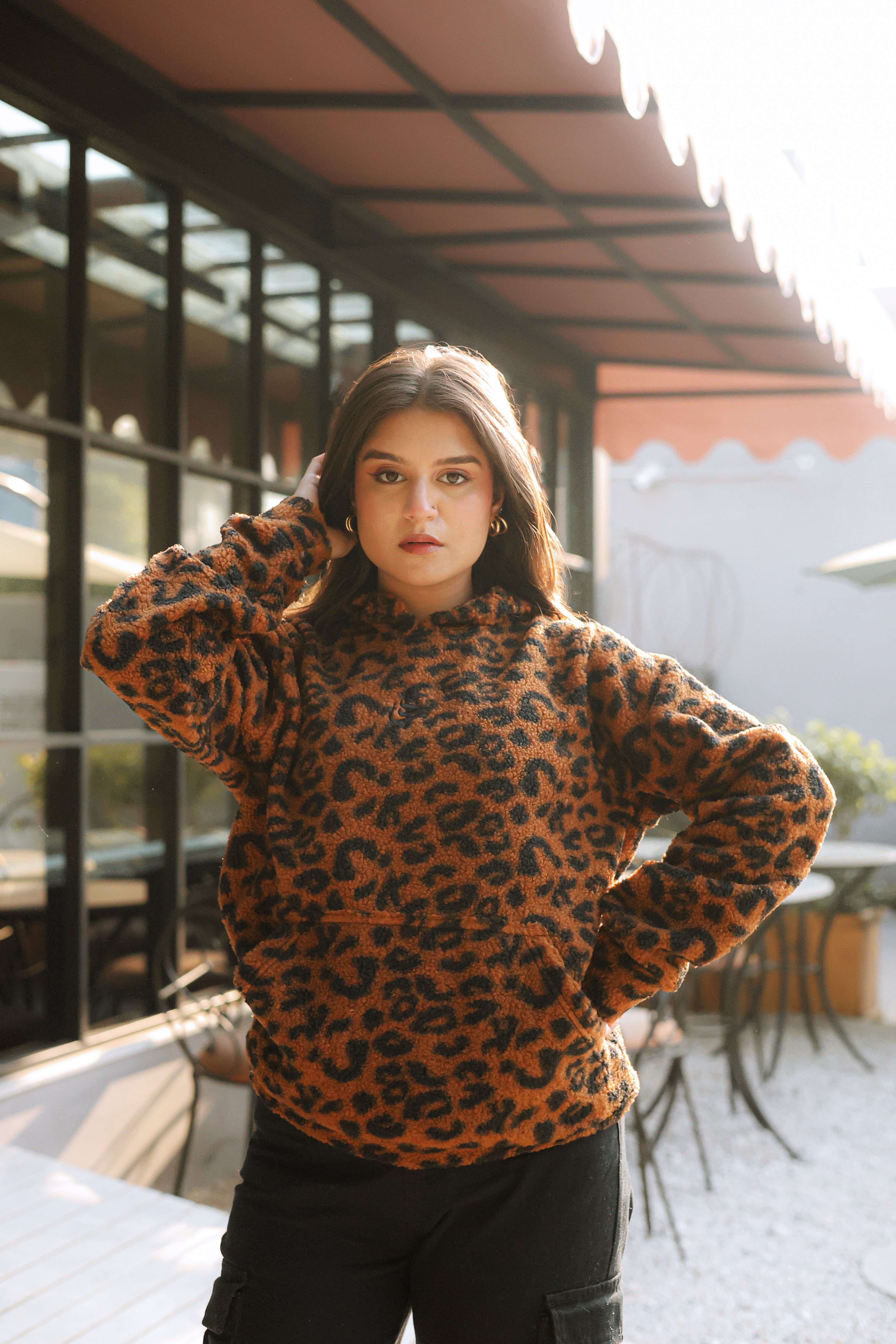 Imported Royal Sherpa Sheep Skin Embroidered Brown Leopard Baggy Hoodie🔥