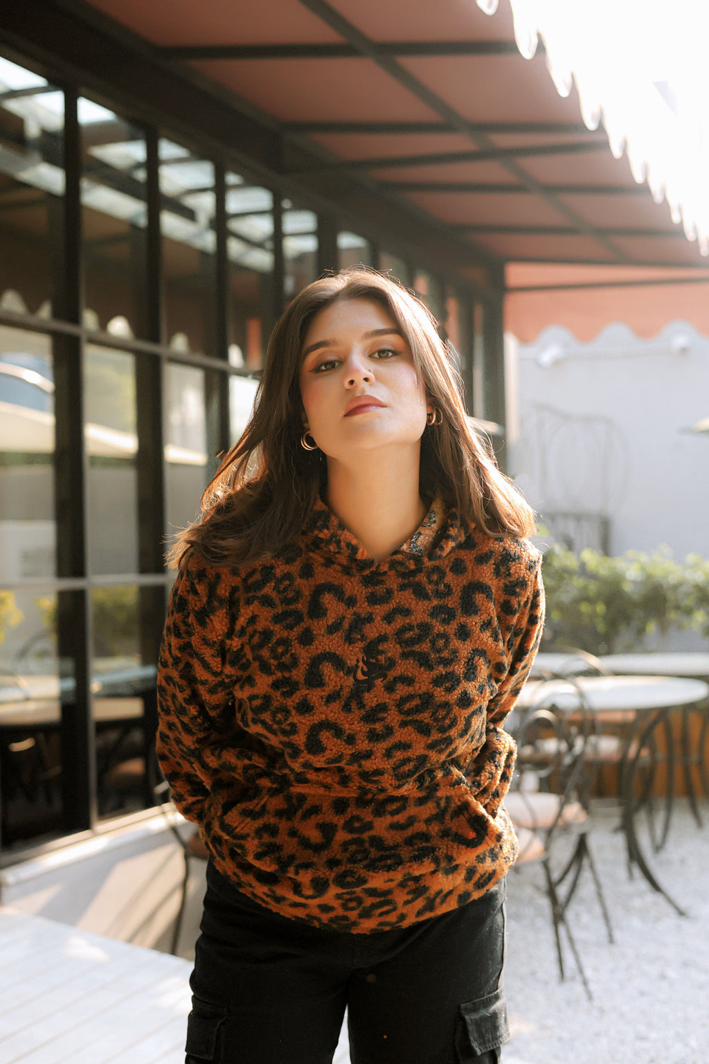 Imported Royal Sherpa Sheep Skin Embroidered Brown Leopard Baggy Hoodie🔥