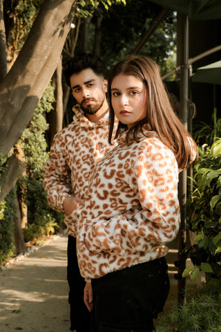 Imported Royal Sherpa Sheep Skin Embroidered White Leopard Baggy Hoodie🔥